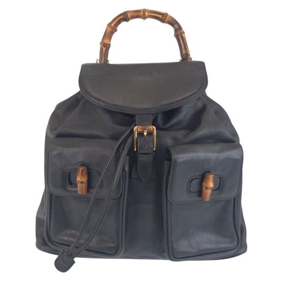 Gucci Vintage Bamboo Black Gold Hardware Leather 006 2040 0016 Backpack